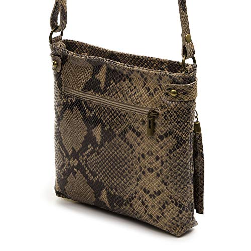 FIRENZE ARTEGIANI. Pelagia Bolso Bandolera Mujer.Piel auténtica Gamuza Estampado Serpiente .Made in Italy. Vera Pelle Italiana.24x5x23 cm. Color: Taupe