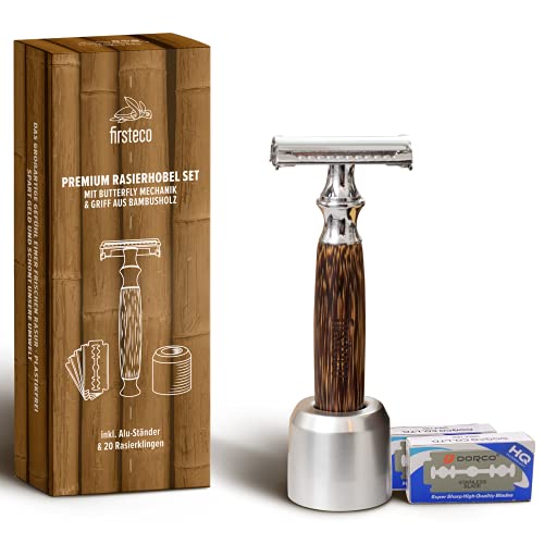 Firsteco® PREMIUM maquinilla afeitar clásica set mariposa + soporte + 20 cuchillas + EBOOK | mango de bambú madera navaja afeitar barbero hecha a mano hombre mujer seguridad peine cerrado