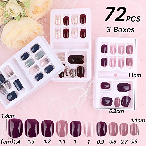 FLOFIA 72pcs Uñas Postizas Colores 12 Tamaños Gradiente, Puntas Uñas Falsas Cuadradas Acrílicas, Kit Limas de Uñas Palo de Naranja Accesorios y Preparación de Uñas , 3 Cajas