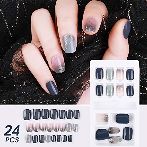 FLOFIA 72pcs Uñas Postizas Colores 12 Tamaños Gradiente, Puntas Uñas Falsas Cuadradas Acrílicas, Kit Limas de Uñas Palo de Naranja Accesorios y Preparación de Uñas , 3 Cajas