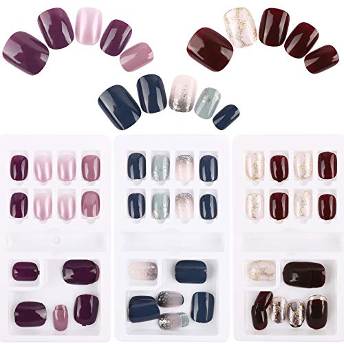 FLOFIA 72pcs Uñas Postizas Colores 12 Tamaños Gradiente, Puntas Uñas Falsas Cuadradas Acrílicas, Kit Limas de Uñas Palo de Naranja Accesorios y Preparación de Uñas , 3 Cajas