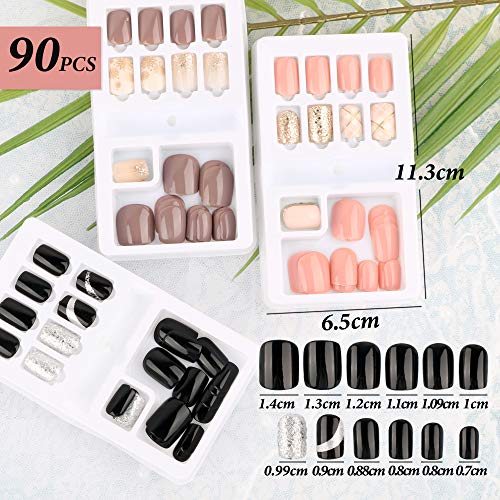 FLOFIA 90pcs Uñas Postizas Colores con Pegamento 12 Tamaños Cubierta Completa Puntas Uñas Falsas Cuadradas Acrílicas Kit Limas de Uñas Palo de Naranja Accesorios y Preparación de Uñas , 3 Cajas