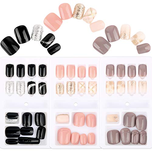 FLOFIA 90pcs Uñas Postizas Colores con Pegamento 12 Tamaños Cubierta Completa Puntas Uñas Falsas Cuadradas Acrílicas Kit Limas de Uñas Palo de Naranja Accesorios y Preparación de Uñas , 3 Cajas