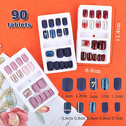 FLOFIA 90pcs Uñas Postizas Colores con Pegamento 12 Tamaños Cubierta Completa Puntas Uñas Falsas Cuadradas Acrílicas Kit Limas de Uñas Palo de Naranja Accesorios y Preparación de Uñas , 3 Cajas