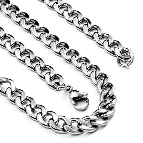 Flongo Collar Cadena Cubana para Hombres Mujeres, Collar Hombre Cadena Cubana Cadena Gruesa 50cm de Largo, Color Plata Acero Inoxidable