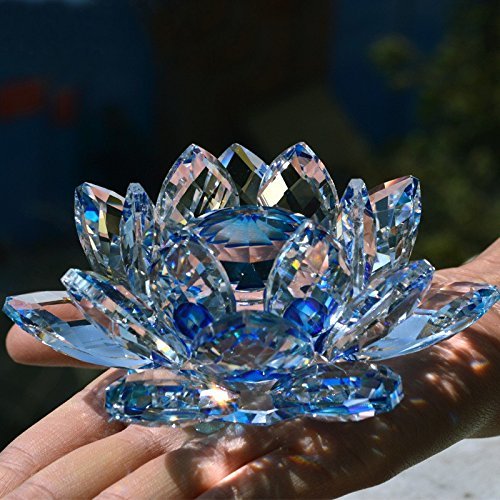 Flor de loto de cristal para decoración de hogar, con colores, para regalo de cumpleaños o boda, Cristal transparente, azul