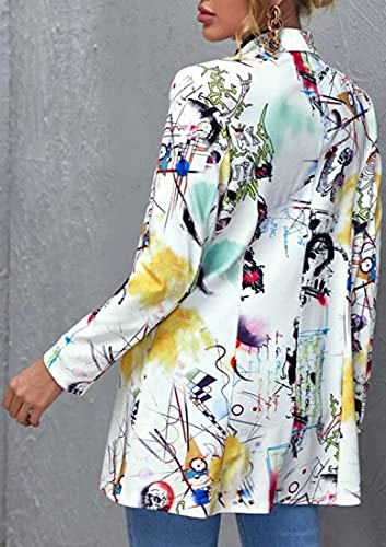 FLYCHEN Chaquetas de Traje y Blazers para Mujer OL Office Lady Chaqueta Floral Coat Casual de Moda Casual Blazers, Blanco Pintada, M