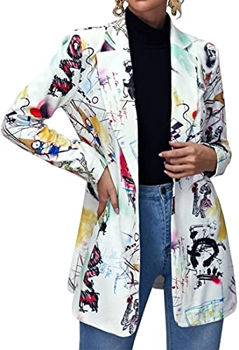 FLYCHEN Chaquetas de Traje y Blazers para Mujer OL Office Lady Chaqueta Floral Coat Casual de Moda Casual Blazers, Blanco Pintada, M