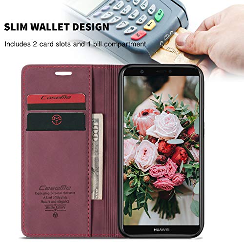 FMPC Compatible Funda para Huawei P Smart 2018, Libro Caso Soporte Plegable, Ranura para Tarjeta, Cubierta Cierre Magnético Protectora de Billetera Cuero PU Flip Folio Carcasa (Vino Tinto)