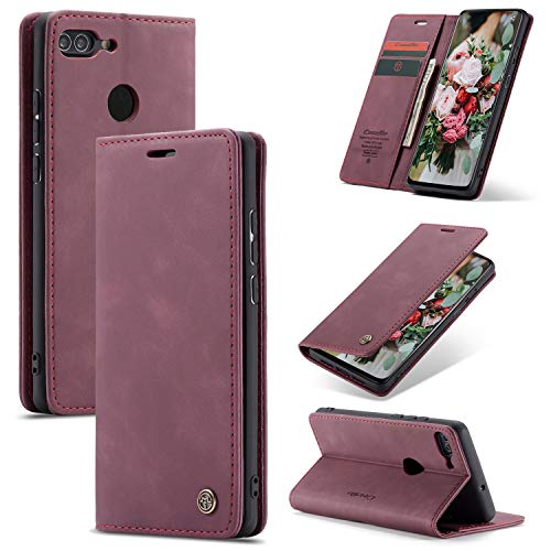 FMPC Compatible Funda para Huawei P Smart 2018, Libro Caso Soporte Plegable, Ranura para Tarjeta, Cubierta Cierre Magnético Protectora de Billetera Cuero PU Flip Folio Carcasa (Vino Tinto)