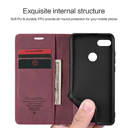 FMPC Compatible Funda para Huawei P Smart 2018, Libro Caso Soporte Plegable, Ranura para Tarjeta, Cubierta Cierre Magnético Protectora de Billetera Cuero PU Flip Folio Carcasa (Vino Tinto)