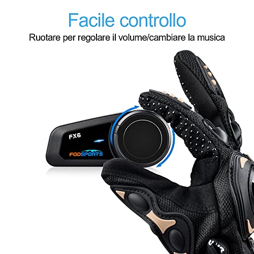 FODSPORTS FX6 Intercomunicador Casco Moto Auriculares 5.0 Bluetooth Manos Libres con Navegación GPS por Voz,Función FM,Comunicador 6 Jinetes Simultáneamente,Operación de una tecla