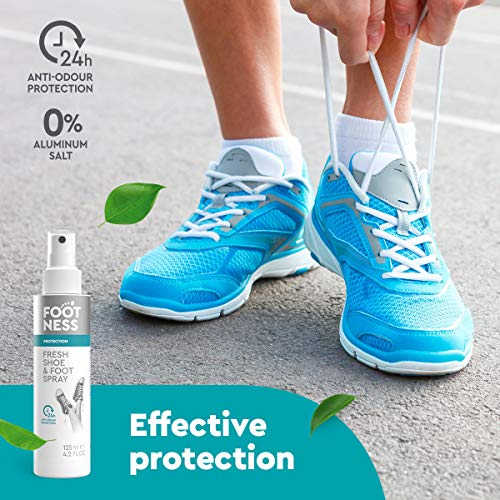 Footness - Espray protector para zapatos y pies - Elimina rápidamente el olor de los zapatos durante 24 horas. Un espray refrescante y desodorante para zapatos y pies - 125 ml