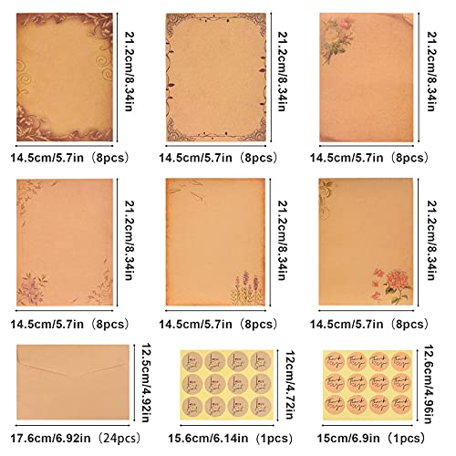 FORMIZON Juegos de Papel de Papelería Vintage, Sobres Vintage, 48 Papel Antiguo y 24 Papel Kraft Sobres, 24 Pegatinas, Diseño Aspecto Antiguo para Invitaciones, Escribir, Bodas, Tarjetas Felicitación