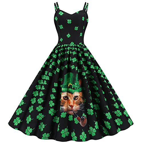 FUNWAVE Vestido de San Patricio para mujer, estilo vintage de los años 50, retro, sin mangas, trébol verde, elegante, vestido de cóctel, Gato Verde Oscuro, S