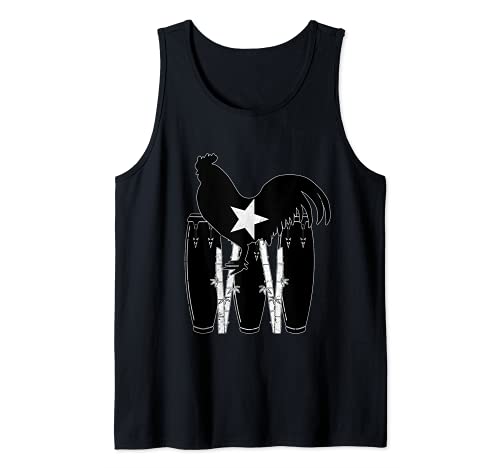 Gallo Gallo Cana de Azúcar Congas Bandera Puertorriqueña Negra Camiseta sin Mangas