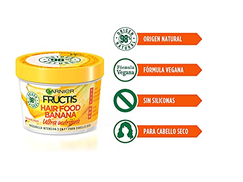 Garnier Fructis Hair Food Mascarilla 3 en 1 Banana Nutritiva, indicada para Pelo Seco - Pack de 3 unidades x 390 ml