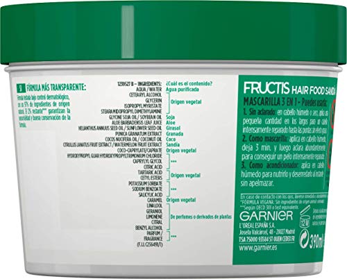 Garnier Fructis Hair Food Mascarilla Revitalizante, Nutre Y Suaviza, Para Cabello Seco O Apagado, Fórmula Vegana, Sin Siliconas, 390 Ml, Sandía, Banana