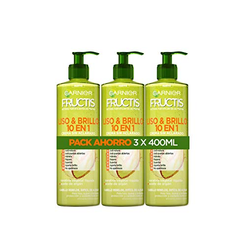 Garnier Fructis Pack Crema de Peinado Sin Aclarado Liso & Brillo 10 en 1, Antihumedad y Antiencrespamiento, Para Cabello Liso y Rebelde, 3 x 400 ml