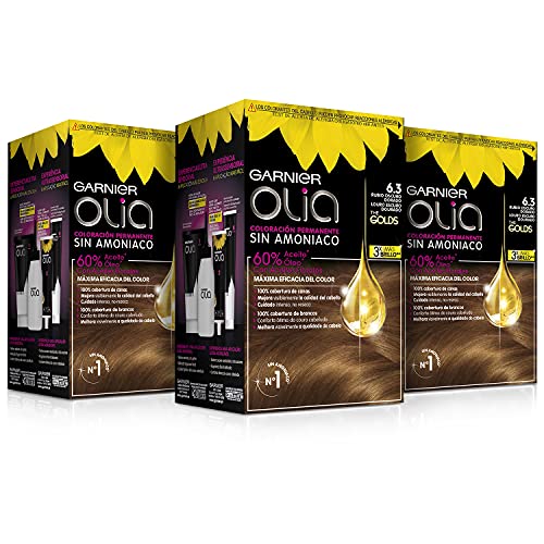 Garnier Olia - Pack de 3 coloración permanente sin amoniaco para un olor agradable con aceites florales de origen natural, color tono 6.3 rubio oscuro