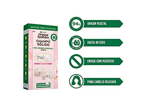 Garnier Original Remedies, Champú Sólido, Délicatesse de Avena para Cabello Delicado, Avena y Crema de Arroz, Remedio para Hidratar y Suavizar el Pelo, 94% Origen Vegetal, 48 Usos, Pack de 2, 60 g