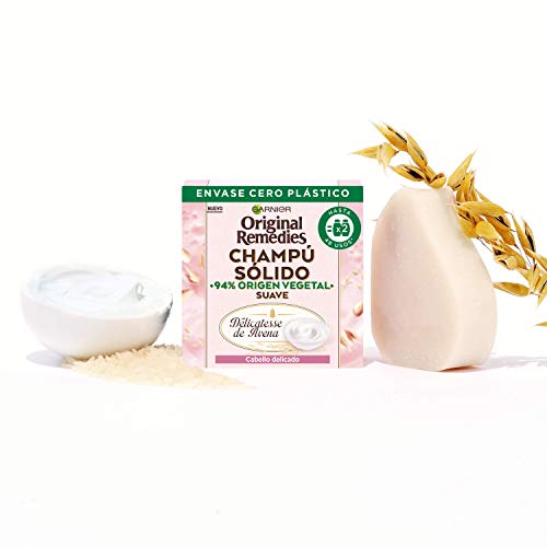 Garnier Original Remedies, Champú Sólido, Délicatesse de Avena para Cabello Delicado, Avena y Crema de Arroz, Remedio para Hidratar y Suavizar el Pelo, 94% Origen Vegetal, 48 Usos, Pack de 2, 60 g