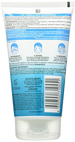 Garnier Pure Active 3 en 1 - Limpiador, exfoliante y mascarilla para pieles grasas o con acné, 150 ml