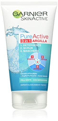 Garnier Pure Active 3 en 1 - Limpiador, exfoliante y mascarilla para pieles grasas o con acné, 150 ml