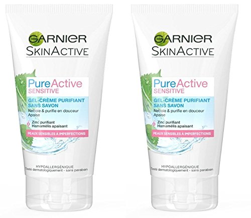 Garnier SkinActive Pure Active Sensitive - Gel crema purificante sin jabón (lote de 2)