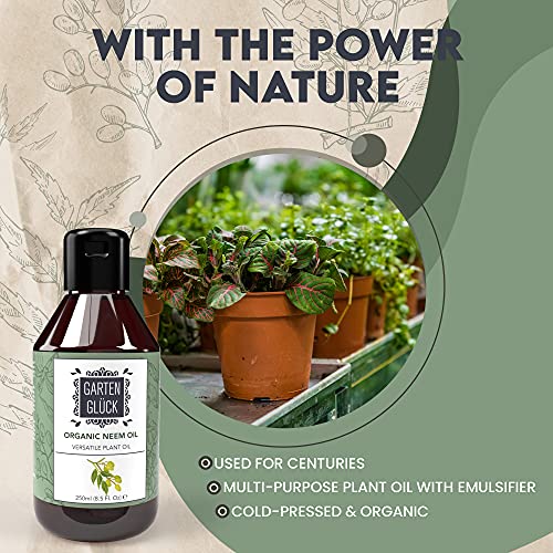 GARTEN GLÜCK Aceite de Neem para Plantas Concentrado - Aceite Neem Plantas Soluble, Neem Oil for Plants - Aceite de Neem Puro Prensado en Frío, Alternativa Orgánica a Aceite de Neem Insecticida, 250ml