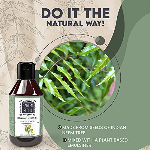 GARTEN GLÜCK Aceite de Neem para Plantas Concentrado - Aceite Neem Plantas Soluble, Neem Oil for Plants - Aceite de Neem Puro Prensado en Frío, Alternativa Orgánica a Aceite de Neem Insecticida, 250ml