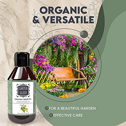 GARTEN GLÜCK Aceite de Neem para Plantas Concentrado - Aceite Neem Plantas Soluble, Neem Oil for Plants - Aceite de Neem Puro Prensado en Frío, Alternativa Orgánica a Aceite de Neem Insecticida, 250ml