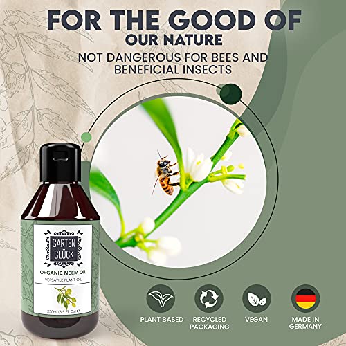 GARTEN GLÜCK Aceite de Neem para Plantas Concentrado - Aceite Neem Plantas Soluble, Neem Oil for Plants - Aceite de Neem Puro Prensado en Frío, Alternativa Orgánica a Aceite de Neem Insecticida, 250ml