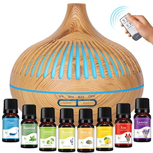 GeeRic Difusor de Aceites Esenciales 500ML, 8 * 10ML Aceites Esenciales + Humidificador Ultrasónico Purificador de Aire Difusor de Aroma Aceites Perfumados Nebulizador LED de 7 Colores para Yoga