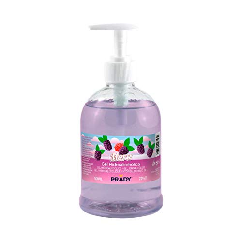 Gel Hidroalcohólico con olor a Mora 500ml Prady - Fabricado en España - 70% de Alcohol con Dosificador - Niños Aroma Golosinas Perfumado Fragancia Desinfectante Manos Bactericida Dispensador Hidrogel