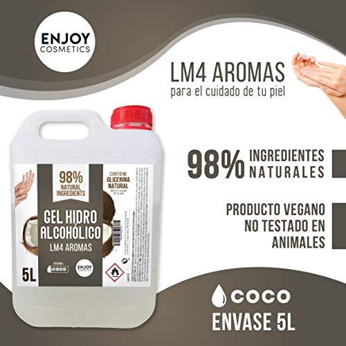 Gel hidroalcohólico, higienizante de 5 litros. Aroma suave a COCO. Glicerina natural para el cuidado piel. 70% Alcohol. Desinfecta e higieniza cuidando tu piel.