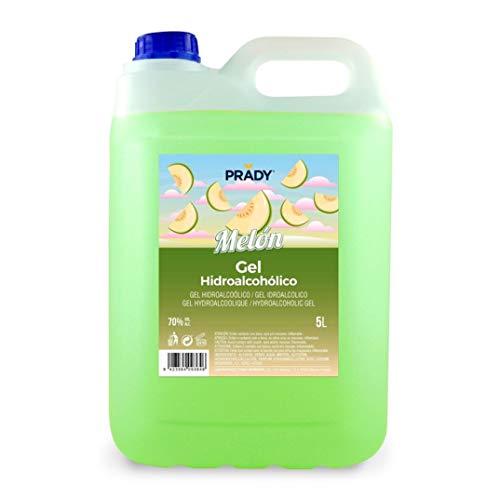 Gel Hidroalcohólico olor a Melón 5 litros Prady - Fabricado en España - 70% de Alcohol con Dosificador - Niños Aroma Golosinas Perfumado Fragancia Desinfectante Manos Bactericida Dispensador Hidrogel