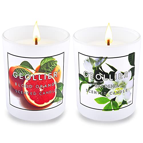 GEOLLIER Vela Perfumada de 2 Piezas, Juego de Velas de Cera de Soja, Regalo de San Valentín para Mujeres Velas de Tarro Fuertemente Perfumadas 3.6oz/100g 15-20 Horas (Blood orange+Gardenia)