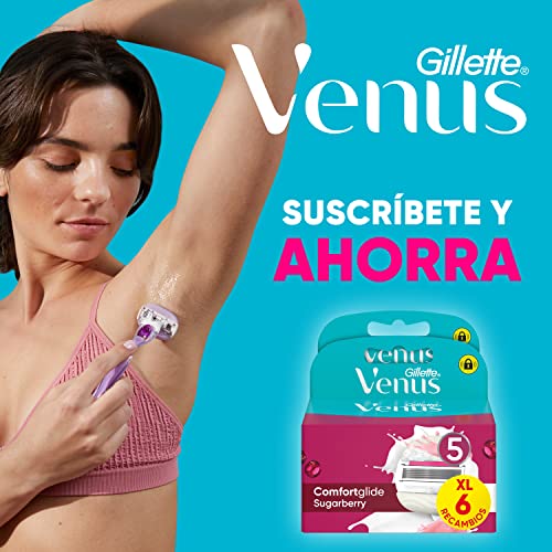 Gillette Venus Comfortglide Sugarberry Con Olay Recambios Para Maquinilla Para Mujer, Pack XL 6, 5 Hojas Para Una Depilación Suave, Apurada Y Duradera