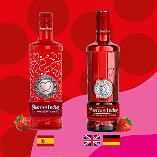 Gin Puerto de Indias - Edición Limitada San Valentín - Gin de Fresa Premium - Ginebra Sabor Fresa Premium - Ginebra Strawberry - 70 cl - 37.5%