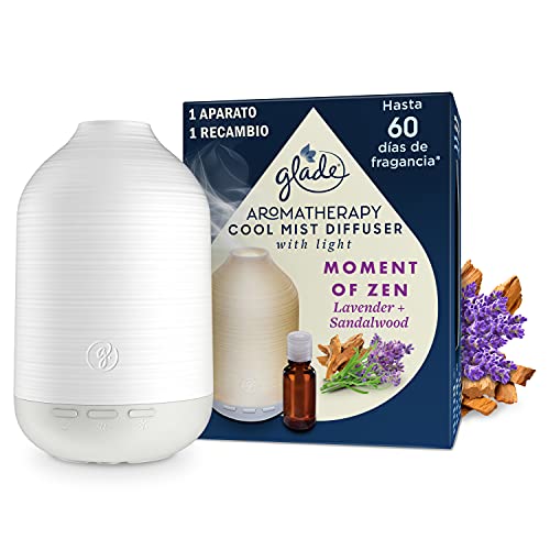 Glade Aromatherapy Difusor De Aceites Esenciales, Fragancia Moment Of Zen, Lavanda & Sandalwood, Difusor Y Recambio, Con Usb Y Luz Regulable, Color Incoloro, 84x108x138