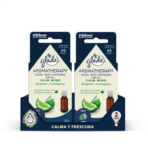 Glade Aromatherapy Recambios para Difusor de aceites esenciales, fragancia Caml Mind [Bergamot & Lemongrass] más de 60 días de duración por recambio. Pack de 2 recambios