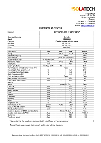 Glicerina líquida vegetal 1 Litro CALIDAD 100% grado farmacéutico, puro, glicerol Botella de 1L (contenido 1,2kg)