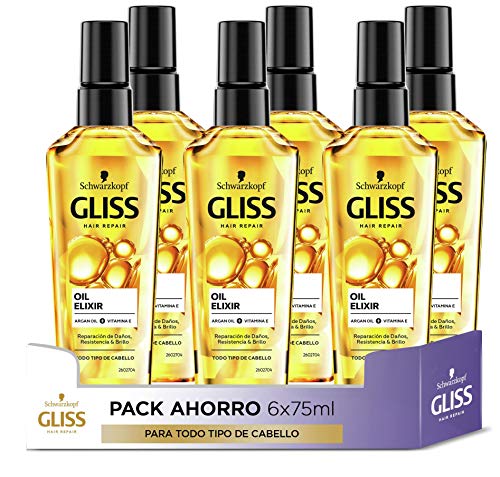 Gliss - Aceite Tratamiento Sublimador Oil Elixir – Todo tipo de pelo - 6uds de 75ml (450ml) - Nutrición, suavidad y brillo – Embellece el cabello sin engrasar