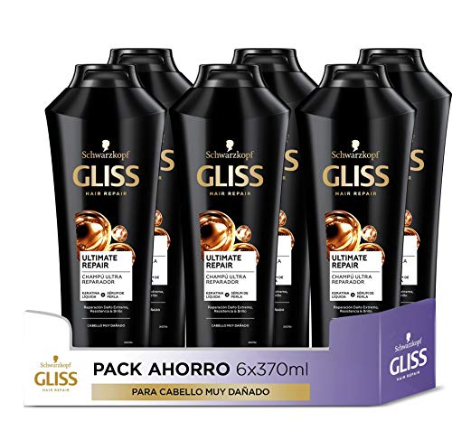 Gliss - Champú para pelo muy dañado con Keratina Líquida - Ultimate Repair - 6uds de 370ml (2.220ml) – Gama ultra reparación