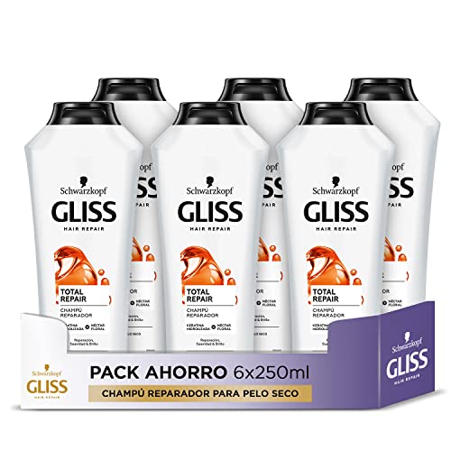 Gliss - Champú reparador para pelo seco - Total Repair -6uds de 250ml (1.500ml) – Gama reparación