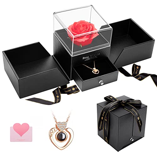 Gmasiou Rosa Eterna Natural, Juego de Rosas Eternas, Caja de Regalo de Joyería Hecha a Mano con Collar para Ella, Cumpleaños, día de San Valentín, Bodas de Navidad para Mujeres