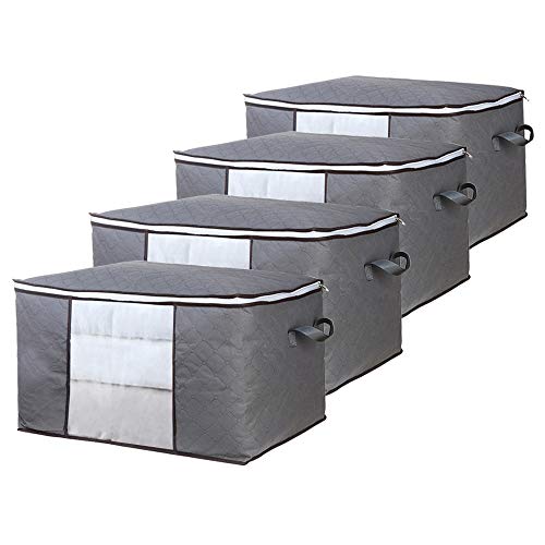 GoMaihe Cajas Almacenaje Ropa 4 Piezas, Contenedor de Almacenamiento Debajo de la Cama no Tejido de Gran Capacidad, 60x40x35cm Bolsa de Deporte con Cadena con Lengüeta, Edredón de Edredón, Manta, Gris