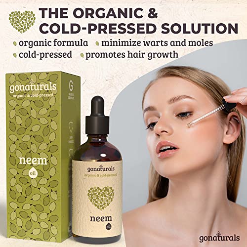 GoNaturals Aceite de Neem Bio 100% Puro - Aceite Neem para Cabello, Cara y Cuerpo - Organic Neem Oil, Efecto Anticaspa y Antiacne - Repelente Natural de Piojos y Mosquitos - Aceite Arbol Neem, 50 ml