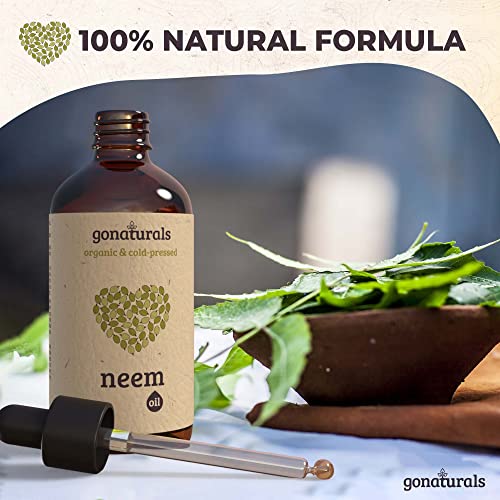 GoNaturals Aceite de Neem Bio 100% Puro - Aceite Neem para Cabello, Cara y Cuerpo - Organic Neem Oil, Efecto Anticaspa y Antiacne - Repelente Natural de Piojos y Mosquitos - Aceite Arbol Neem, 50 ml